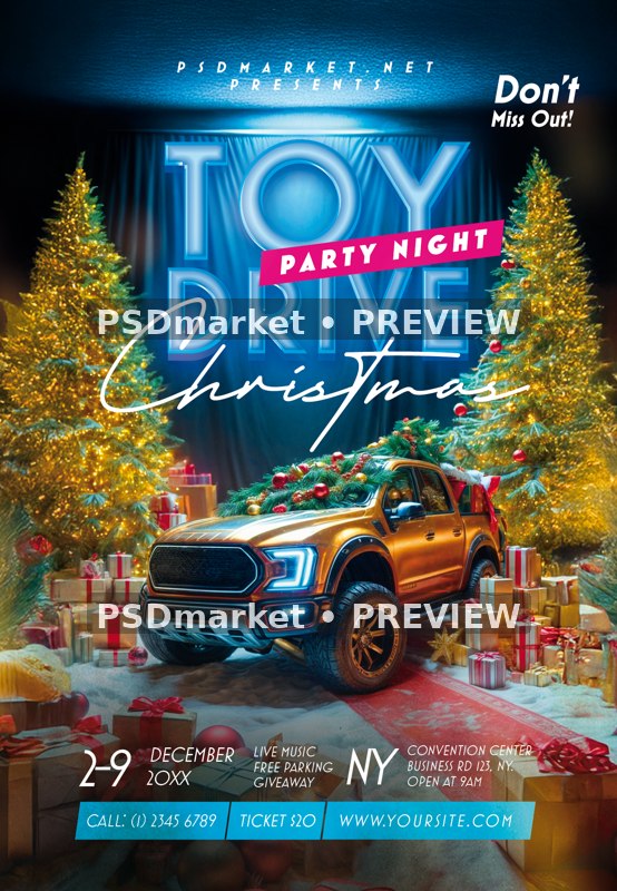 Golden Pickup Christmas Toy Drive Flyer PSD Template — PSD template preview