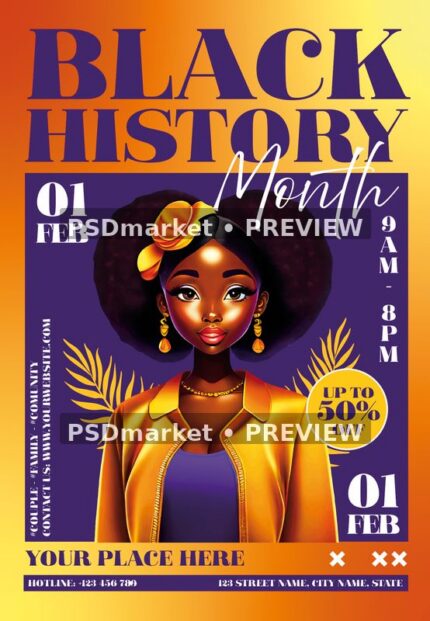 Golden yellow and purple Black History Month flyer with stylized woman portrait, afro and gold jacket
