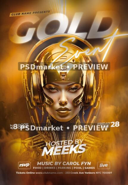 Golden Robot Headphones Event Flyer PSD Template — PSD template preview