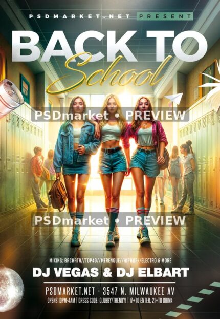 Golden School Hallway Trio Back to School Night Flyer PSD Template — PSD template preview