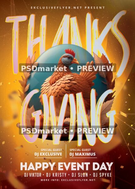 Golden Turkey Thanksgiving Event Flyer PSD Template — reduced watermarked source artwork preview
