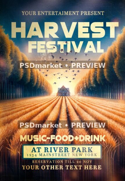 Golden Wheat Field Harvest Festival Flyer PSD Template — PSD template preview