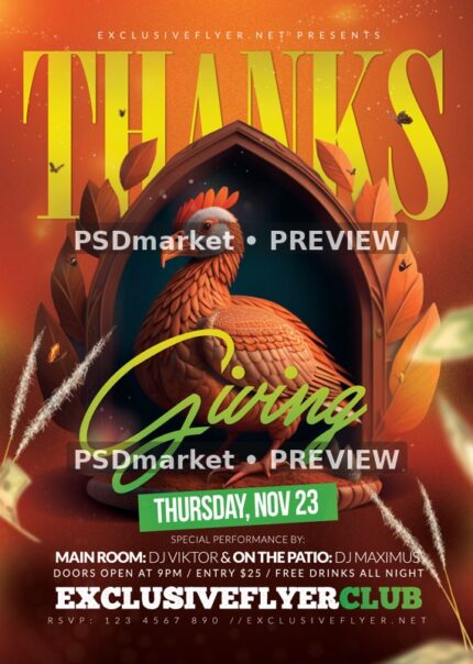 Gothic Arch Turkey Thanksgiving Party Flyer PSD Template — reduced watermarked source artwork preview