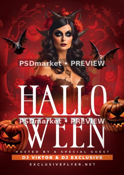 Gothic Rose Woman Halloween DJ Party Flyer PSD Template — reduced watermarked source artwork preview