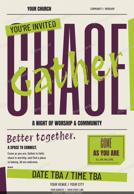 Grace Gather plum and chartreuse church event flyer with protected PSDmarket preview