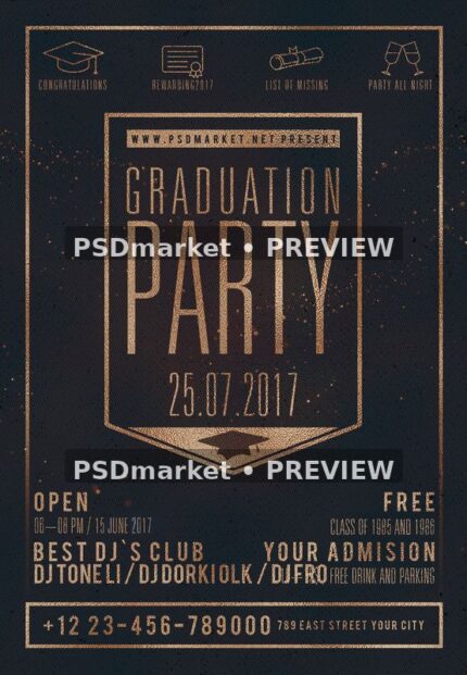 Graduation Party Gold Foil Badge Flyer with two horizontal PSDmarket preview watermarks