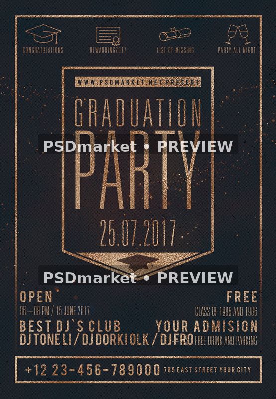 Graduation Party Gold Foil Badge Flyer PSD Template — PSD template preview