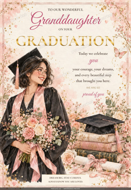 Granddaughter graduation greeting flyer with gold editable title, illustrated graduate and floral decoration — watermarked preview