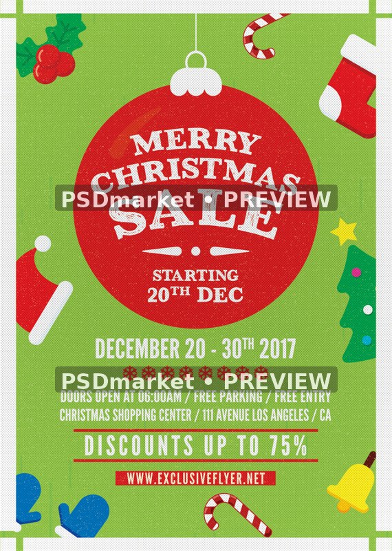 Green and Red Ornament Christmas Sale Flyer PSD Template — PSD template preview