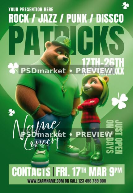 Green Bear Duo Patricks Concert Flyer PSD Template — PSD template preview