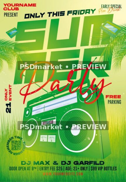 Bright green and yellow summer party flyer with a large boombox, palm leaves, slanted typography and red script