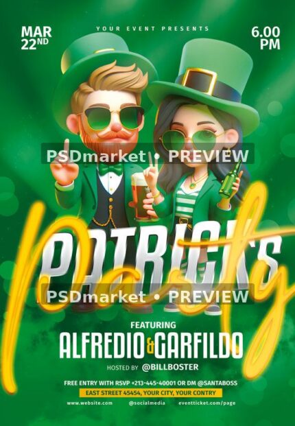 Green Patricks party flyer with two cartoon leprechaun characters, hats, sunglasses, bold white title and yellow script