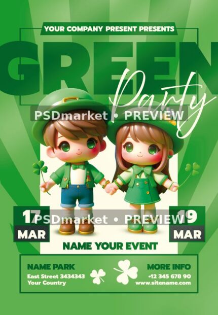 Green Character Couple Saint Patricks Party Flyer PSD Template — PSD template preview