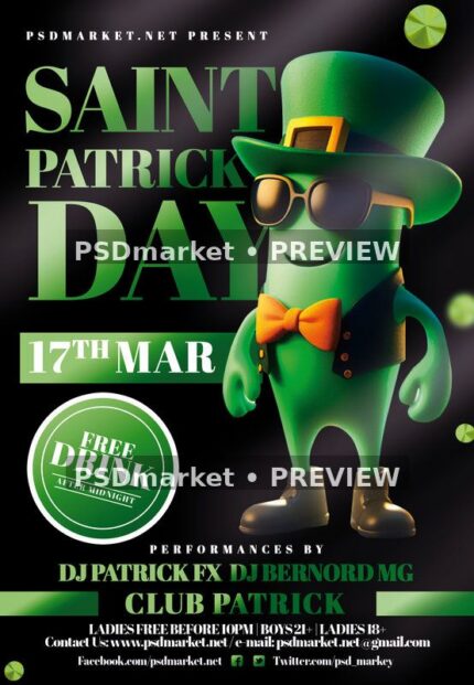 Green Character Saint Patricks Day Flyer PSD Template showing a smiling green cartoon character wears a large green hat, sunglasses, orange bow tie, vest, and boots against a dark background with two PSDmarket preview watermarks