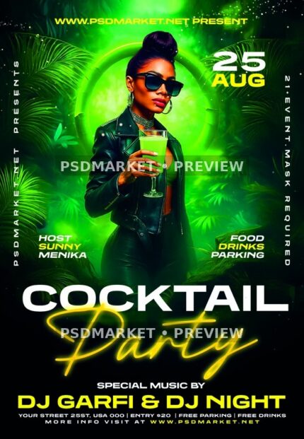 Green Cocktail Party Night Flyer PSD Template — PSD template preview
