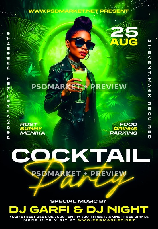 Green Cocktail Party Night Flyer PSD Template — PSD template preview