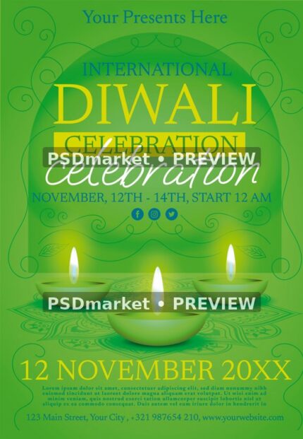 Green Diyas Diwali Celebration Flyer PSD Template — PSD template preview