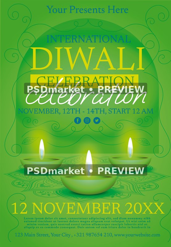 Green Diyas Diwali Celebration Flyer PSD Template — PSD template preview