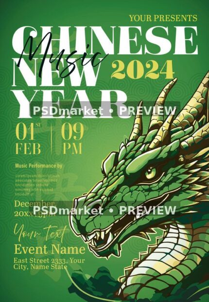 Green Dragon Chinese New Year Music Flyer PSD Template — PSD template preview