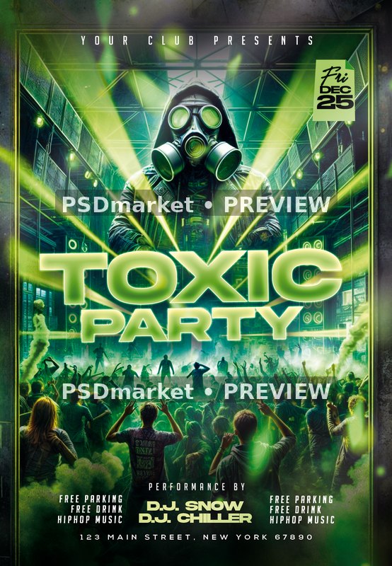 Green Gas Mask Toxic Party Flyer — reduced watermarked source artwork preview
