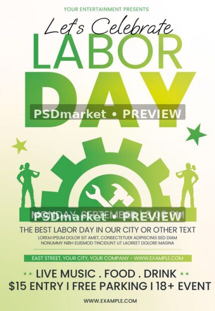 Cream and green Labor Day flyer with gear, crossed tools and worker silhouettes, shown with two horizontal preview watermarks