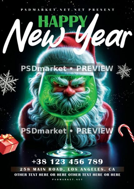 Green Glass Santa New Year Flyer PSD Template — reduced watermarked source artwork preview