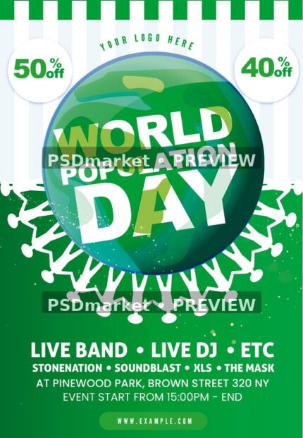Green World Population Day flyer with glossy globe, ring of white people silhouettes and striped header
