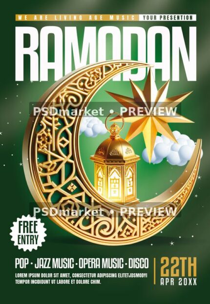 Green Ramadan themed flyer with ornate gold crescent, glowing lantern, dimensional star and white clouds. Two horizontal PSDmarket preview watermarks.
