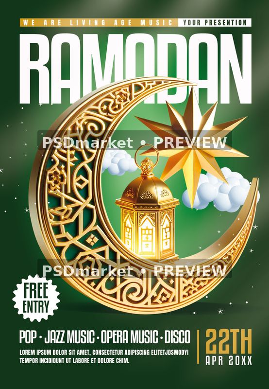 Green Gold Crescent Ramadan Event Flyer PSD Template — PSD template preview