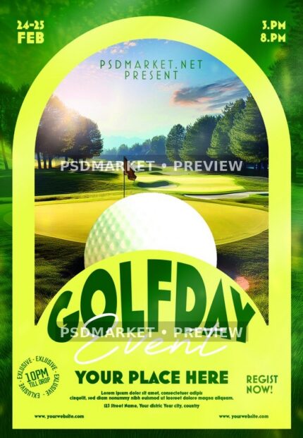 Bright green golf-day flyer with a golf ball, sunlit course.