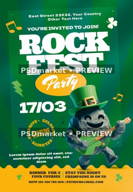 Green Rock Fest flyer with smiling stone guitarist in top hat and two horizontal preview watermarks