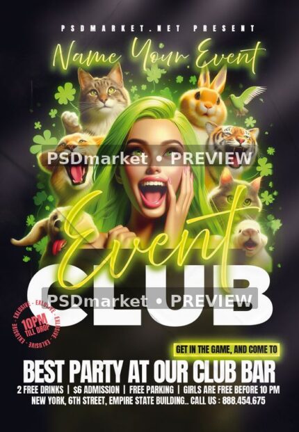 Dark club flyer with green-haired woman, animal portrait collage, clovers and glowing green event script