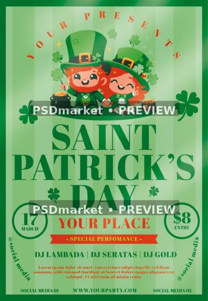 Green Leprechaun Couple Saint Patricks Day Flyer PSD Template — PSD template preview