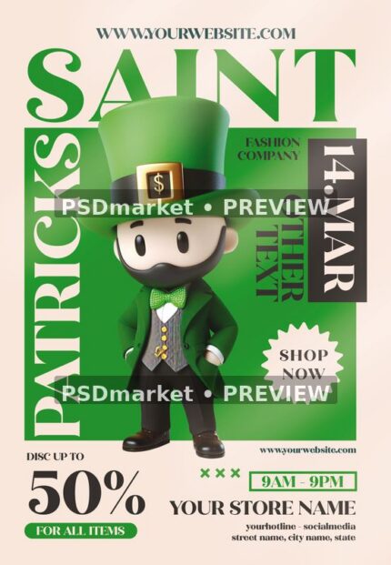 Green Leprechaun Saint Patricks Sale Flyer PSD Template — PSD template preview