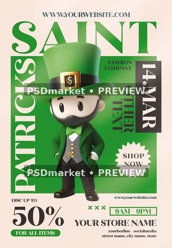 Green Leprechaun Saint Patricks Sale Flyer PSD Template — PSD template preview