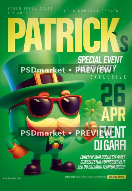 Green Mustache Patrick Club Party Flyer PSD Template — PSD template preview