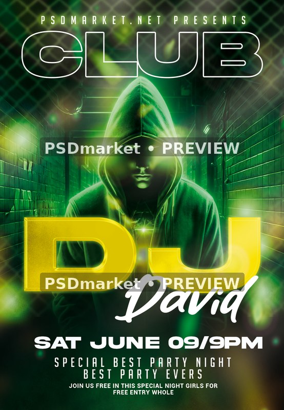 Green Neon Hooded DJ Club Flyer PSD Template — PSD template preview