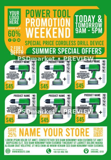 Green Power Tool Promotion Flyer PSD Template — PSD template preview
