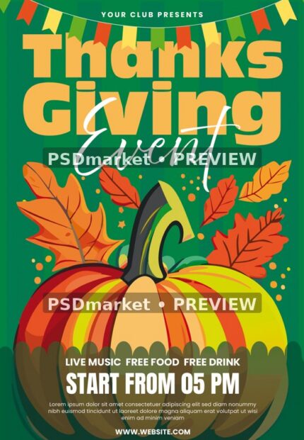 Green Pumpkin Thanksgiving Event Flyer PSD Template — PSD template preview