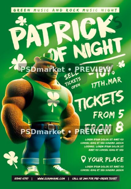 Green St Patrick themed flyer with muscular cartoon bear, shamrocks and cream brush lettering. Two horizontal PSDmarket preview watermarks.