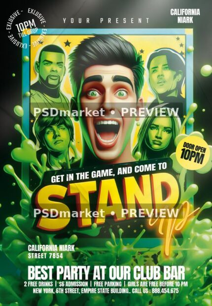 Green and yellow stand up flyer with expressive cartoon face, portrait collage, splashes and bold headline. Two horizontal PSDmarket preview watermarks.