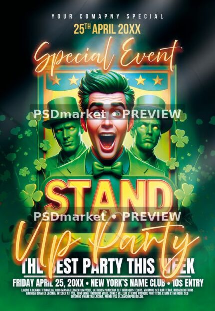 Green stand-up comedy party flyer with expressive performer, glowing title, clovers and two preview watermarks