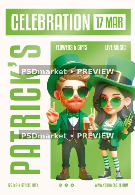 Cream and green Patrick celebration flyer with sunglasses-wearing cartoon couple and two horizontal preview watermarks