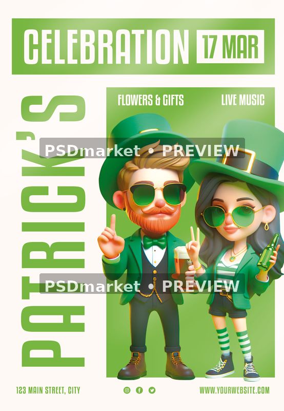 Cream and green Patrick celebration flyer with sunglasses-wearing cartoon couple and two horizontal preview watermarks