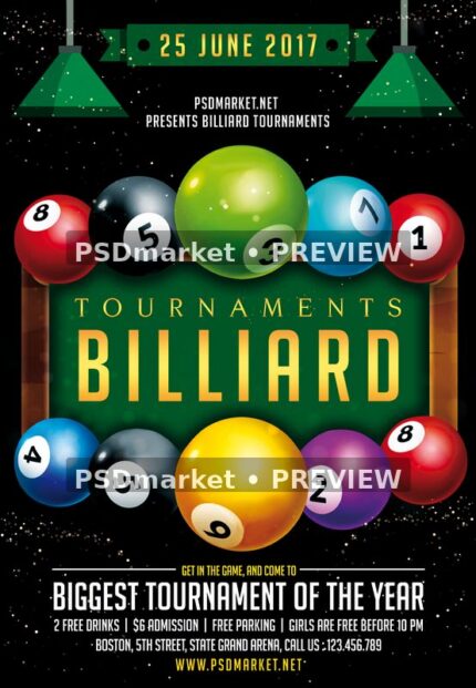 Green Table Billiard Tournament Flyer PSD Template — PSD template preview