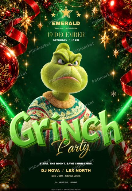 Grinch Party Christmas flyer with emerald and red festive decoration, protected PSDmarket preview