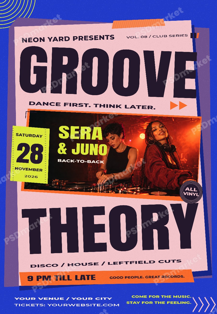 Groove Theory Disco House DJ Duo Flyer PSD Template — PSD template preview