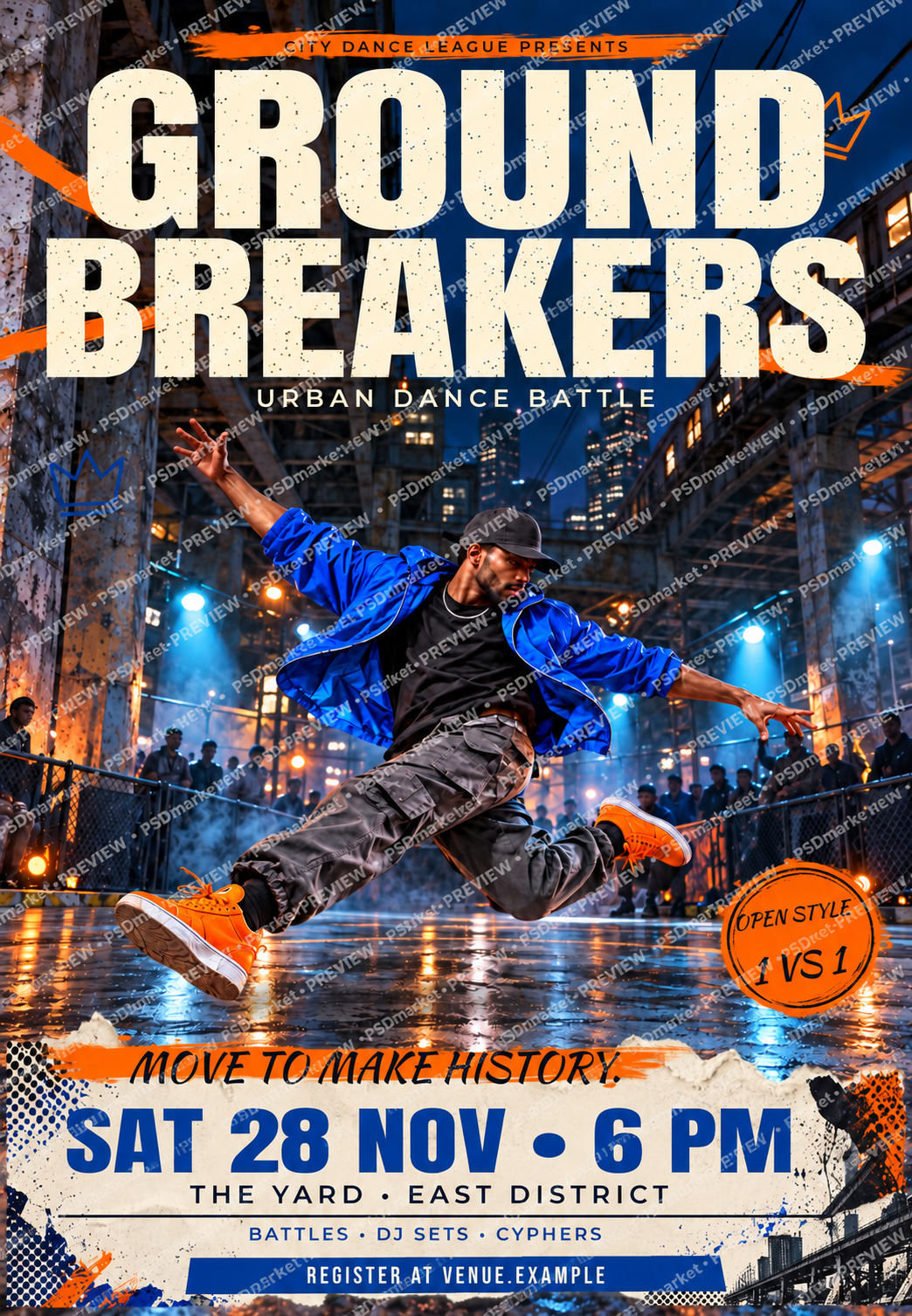 Ground Breakers Urban Dance Battle Flyer PSD Template — PSD template preview