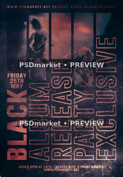 Grunge Rock Album Release Party Flyer with two horizontal PSDmarket preview watermarks