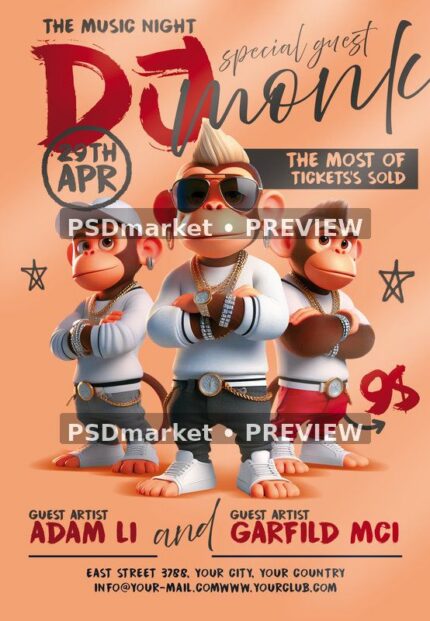 Peach Guest DJ flyer with three cartoon monkeys, headphones, streetwear and preview watermarks